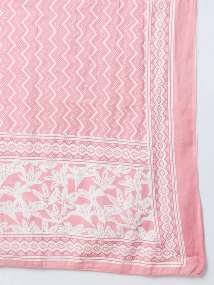 Pink Floral Print Sequins Work Straight Kurta Trouser And Dupatta Set