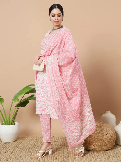 Pink Floral Print Sequins Work Straight Kurta Trouser And Dupatta Set