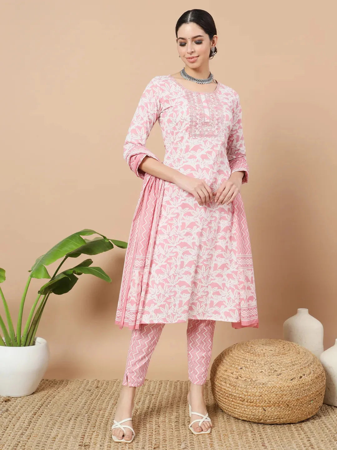 Pink Floral Print Sequins Work Straight Kurta Trouser And Dupatta Set