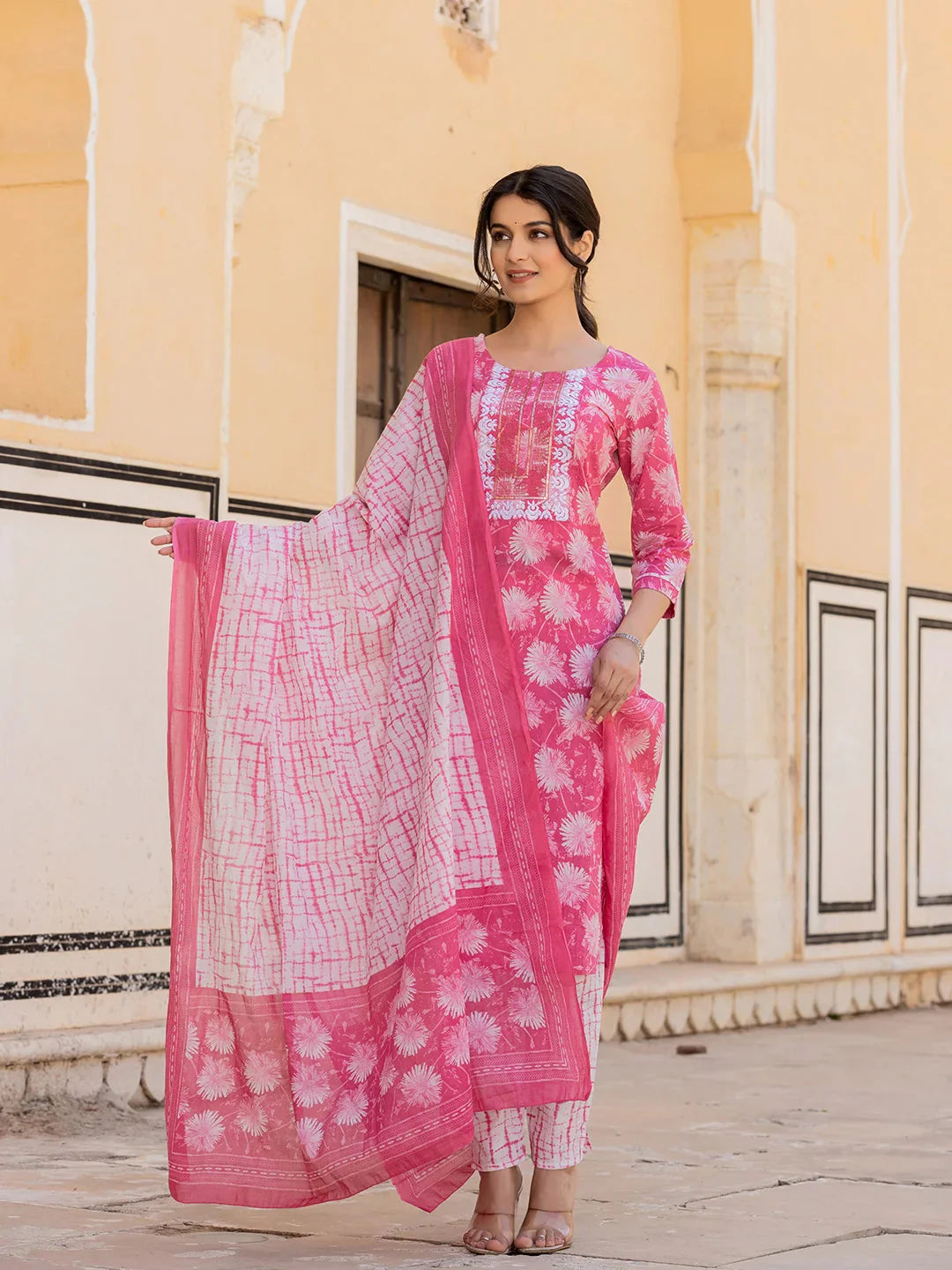 Pink Floral Print Straight Kurta Trouser And Dupatta Set
