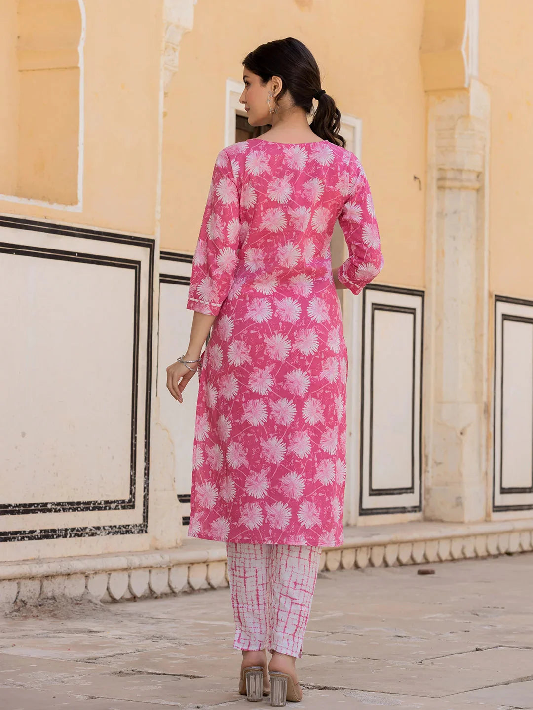 Pink Floral Print Straight Kurta Trouser And Dupatta Set