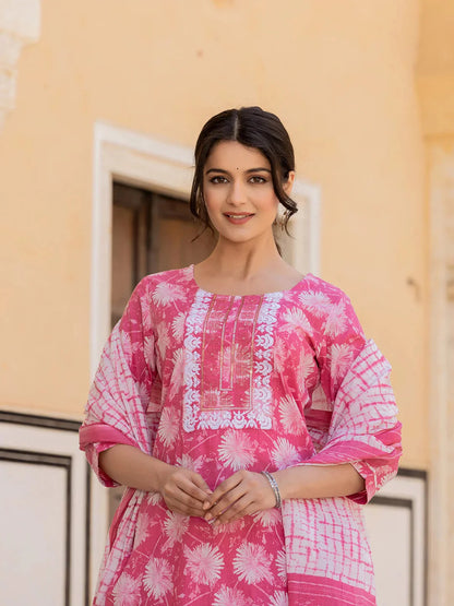 Pink Floral Print Straight Kurta Trouser And Dupatta Set