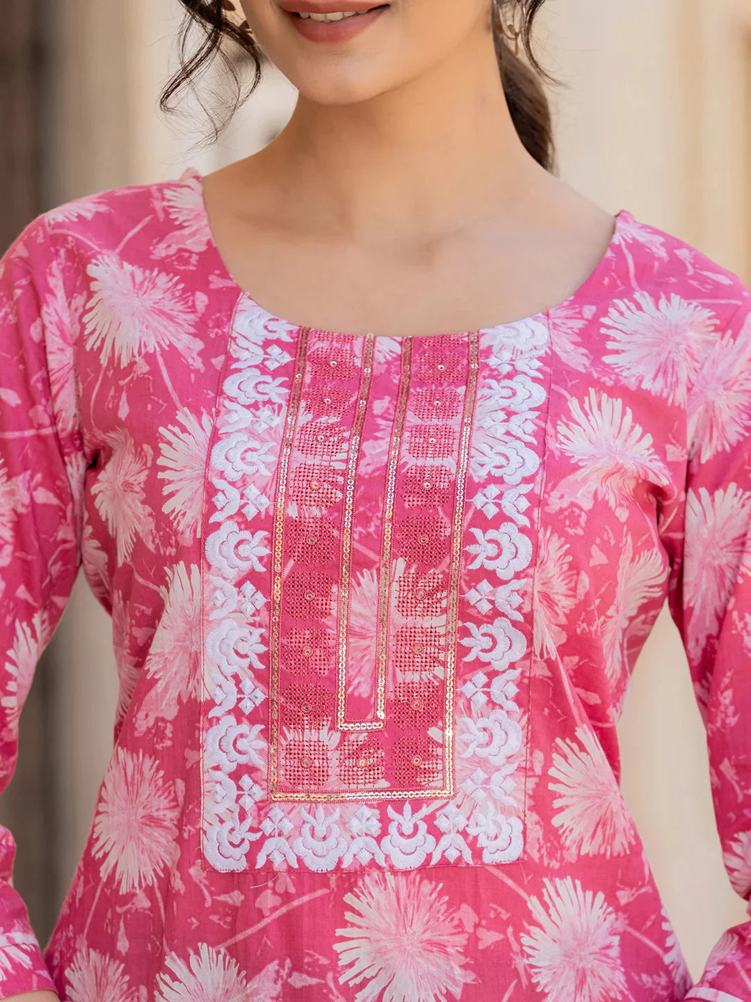 Pink Floral Print Straight Kurta Trouser And Dupatta Set