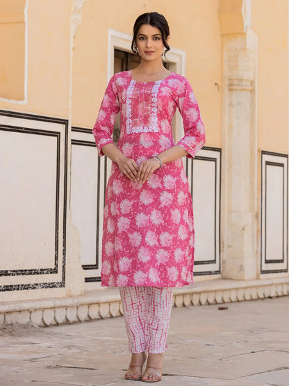 Pink Floral Print Straight Kurta Trouser And Dupatta Set