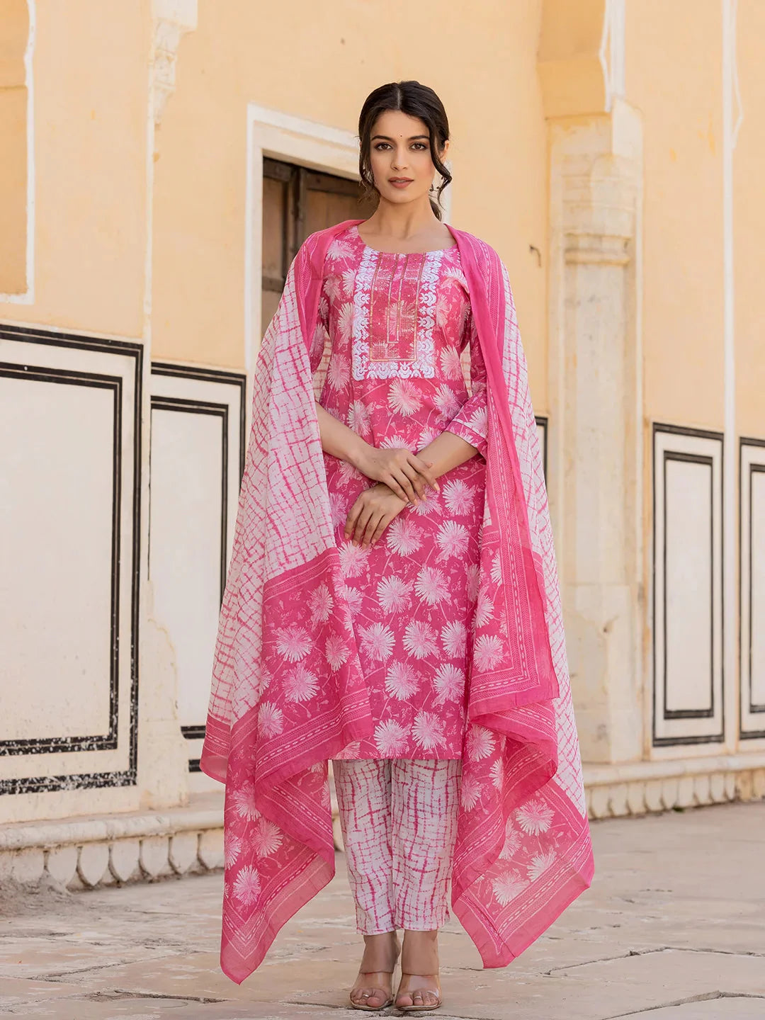 Pink Floral Print Straight Kurta Trouser And Dupatta Set