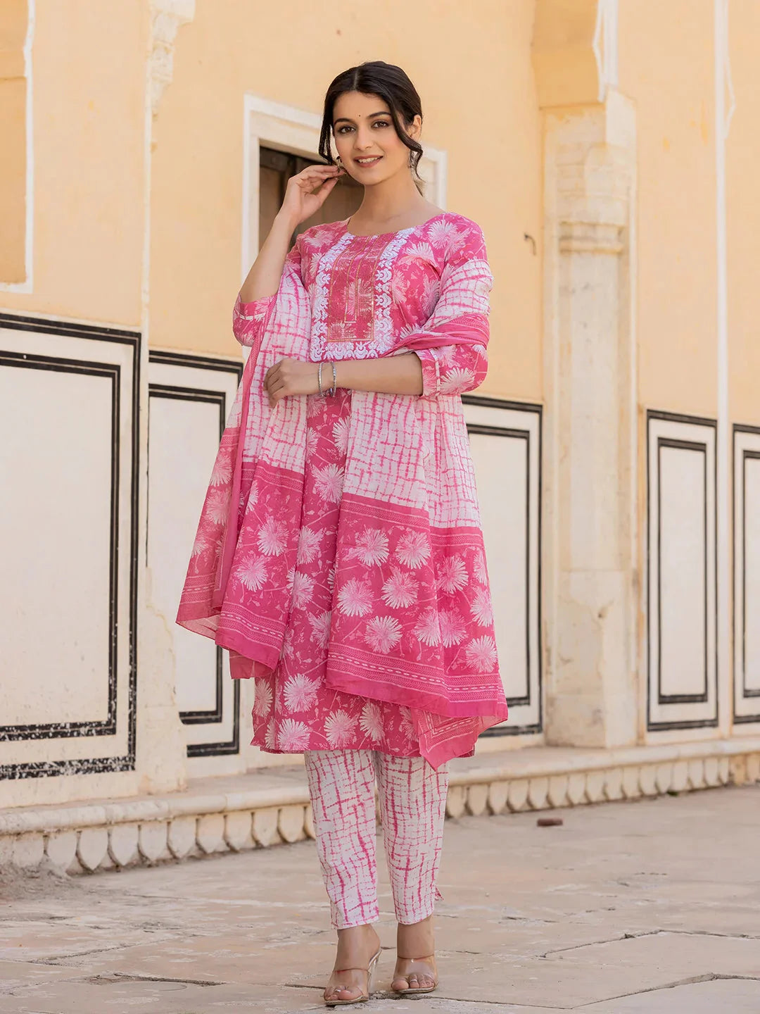 Pink Floral Print Straight Kurta Trouser And Dupatta Set