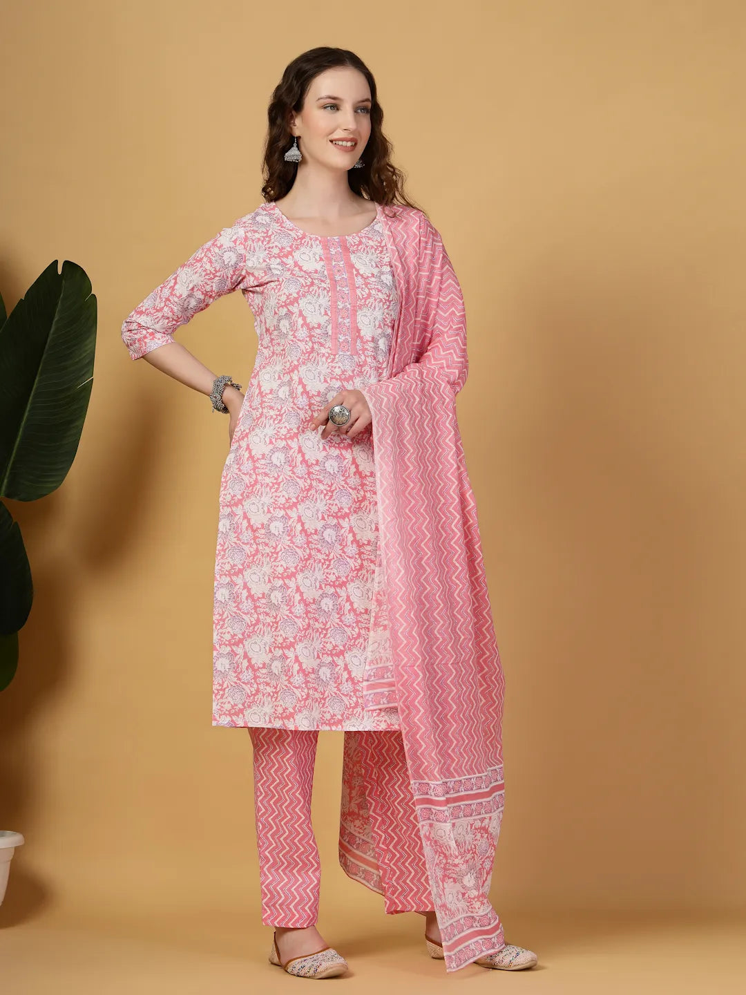 Pink Floral Print Straight Kurta Trouser Dupatta Set