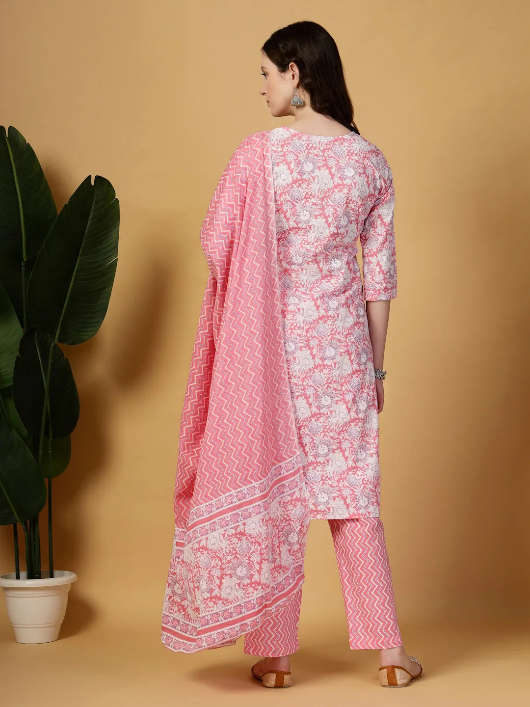 Pink Floral Print Straight Kurta Trouser Dupatta Set