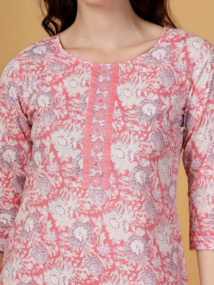 Pink Floral Print Straight Kurta Trouser Dupatta Set