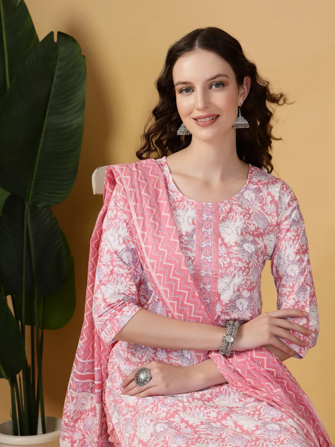 Pink Floral Print Straight Kurta Trouser Dupatta Set