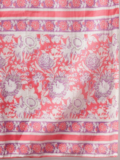 Pink Floral Print Straight Kurta Trouser Dupatta Set