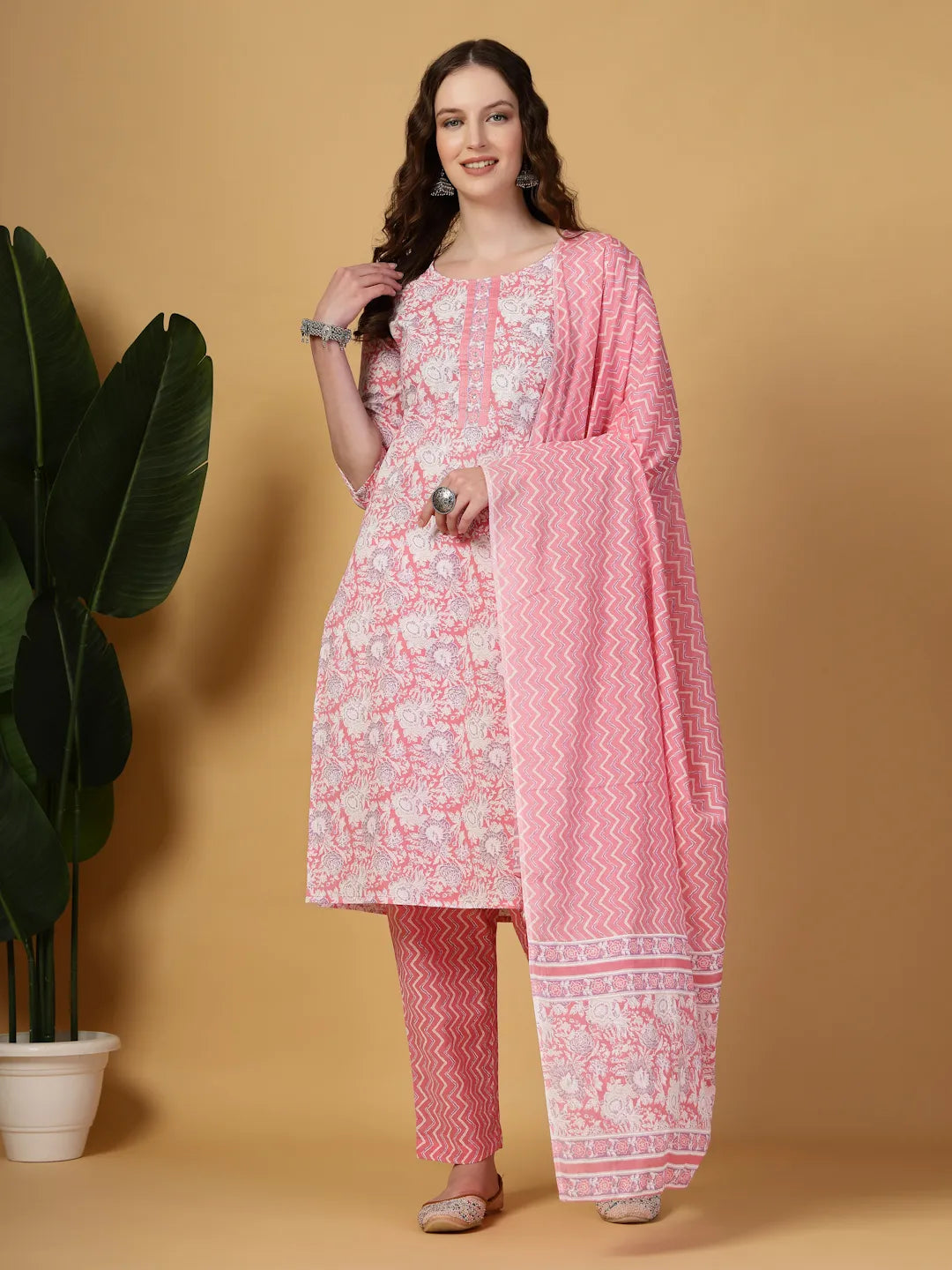 Pink Floral Print Straight Kurta Trouser Dupatta Set
