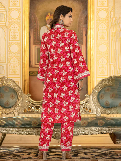 Pink Floral Print Straight Pakistani Style Kurta Trouser And Dupatta Set