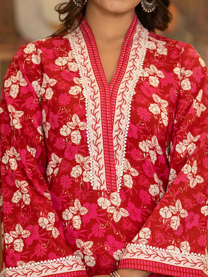 Pink Floral Print Straight Pakistani Style Kurta Trouser And Dupatta Set