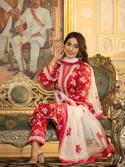 Pink Floral Print Straight Pakistani Style Kurta Trouser And Dupatta Set