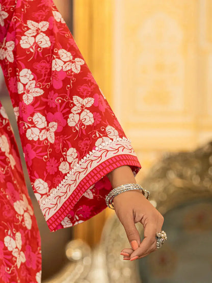 Pink Floral Print Straight Pakistani Style Kurta Trouser And Dupatta Set