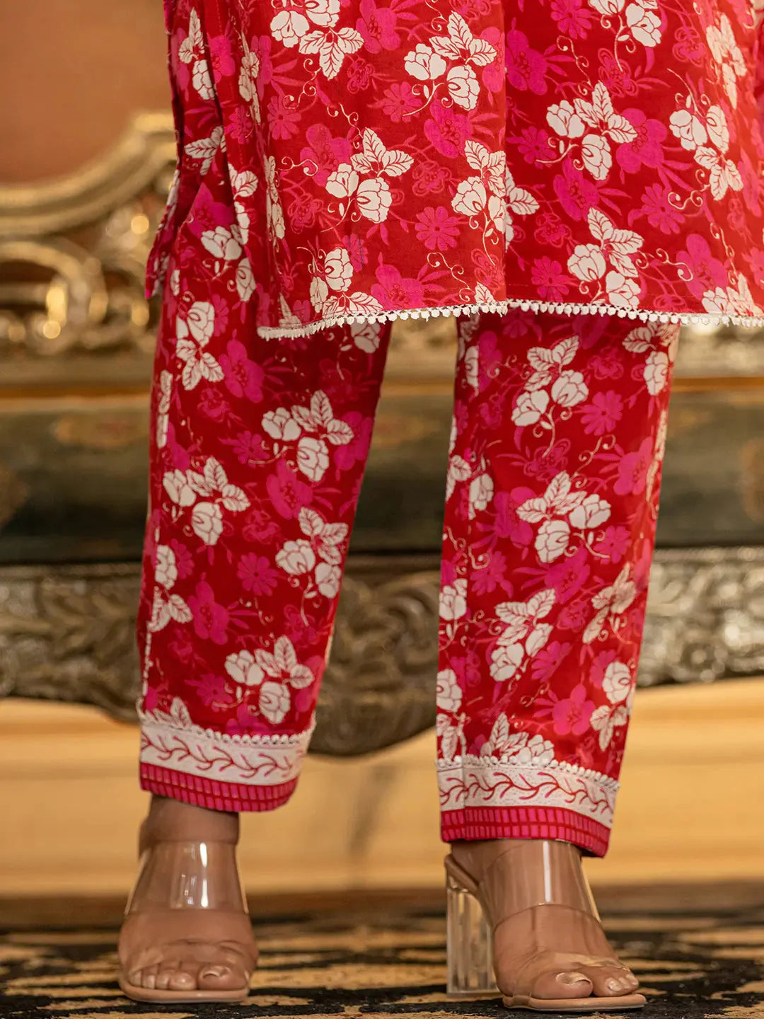 Pink Floral Print Straight Pakistani Style Kurta Trouser And Dupatta Set