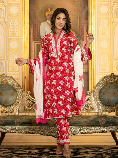 Pink Floral Print Straight Pakistani Style Kurta Trouser And Dupatta Set