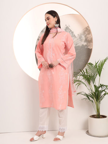 Pink Floral Printed Straight Kurta Trouser Dupatta Set