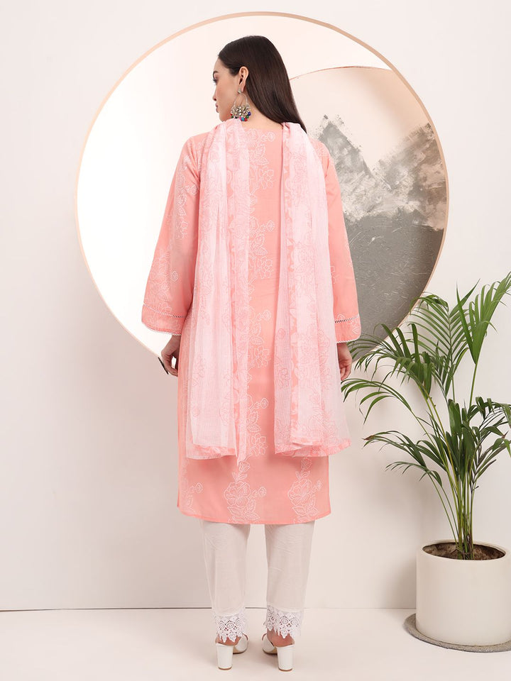 Pink Floral Printed Straight Kurta Trouser Dupatta Set