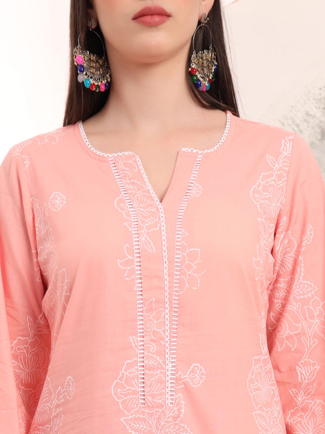 Pink Floral Printed Straight Kurta Trouser Dupatta Set