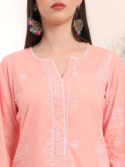 Pink Floral Printed Straight Kurta Trouser Dupatta Set