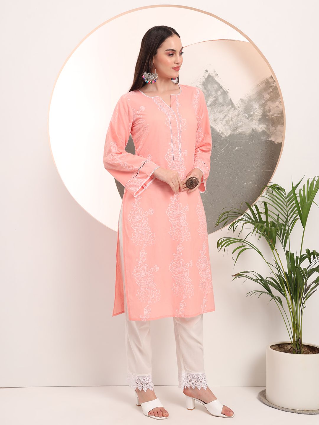 Pink Floral Printed Straight Kurta Trouser Dupatta Set
