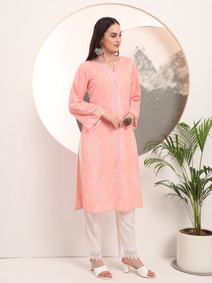 Pink Floral Printed Straight Kurta Trouser Dupatta Set