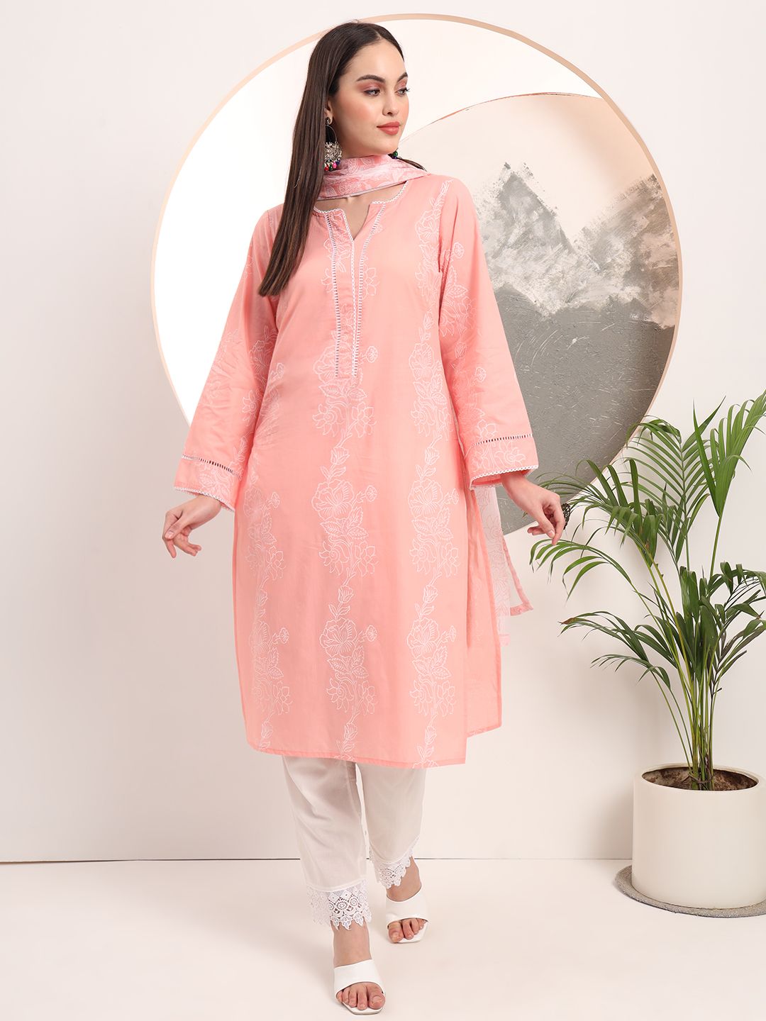 Pink Floral Printed Straight Kurta Trouser Dupatta Set