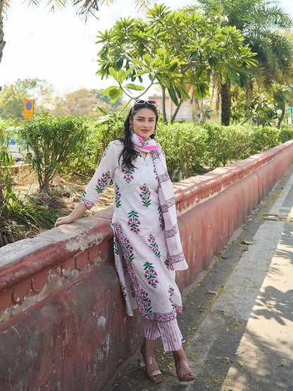 Pink Floral Straight Kurta Trouser Dupatta Set