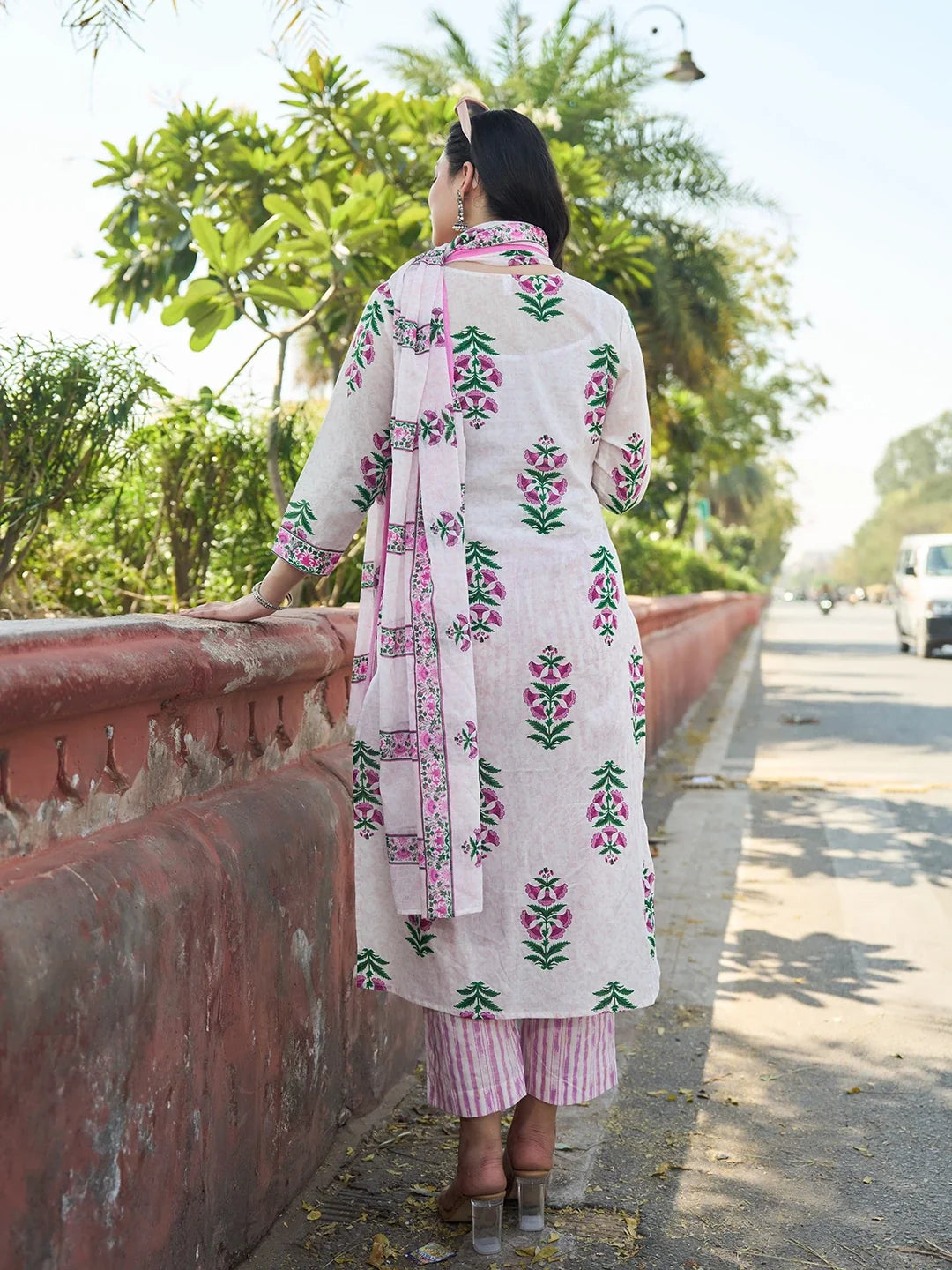 Pink Floral Straight Kurta Trouser Dupatta Set