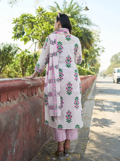 Pink Floral Straight Kurta Trouser Dupatta Set