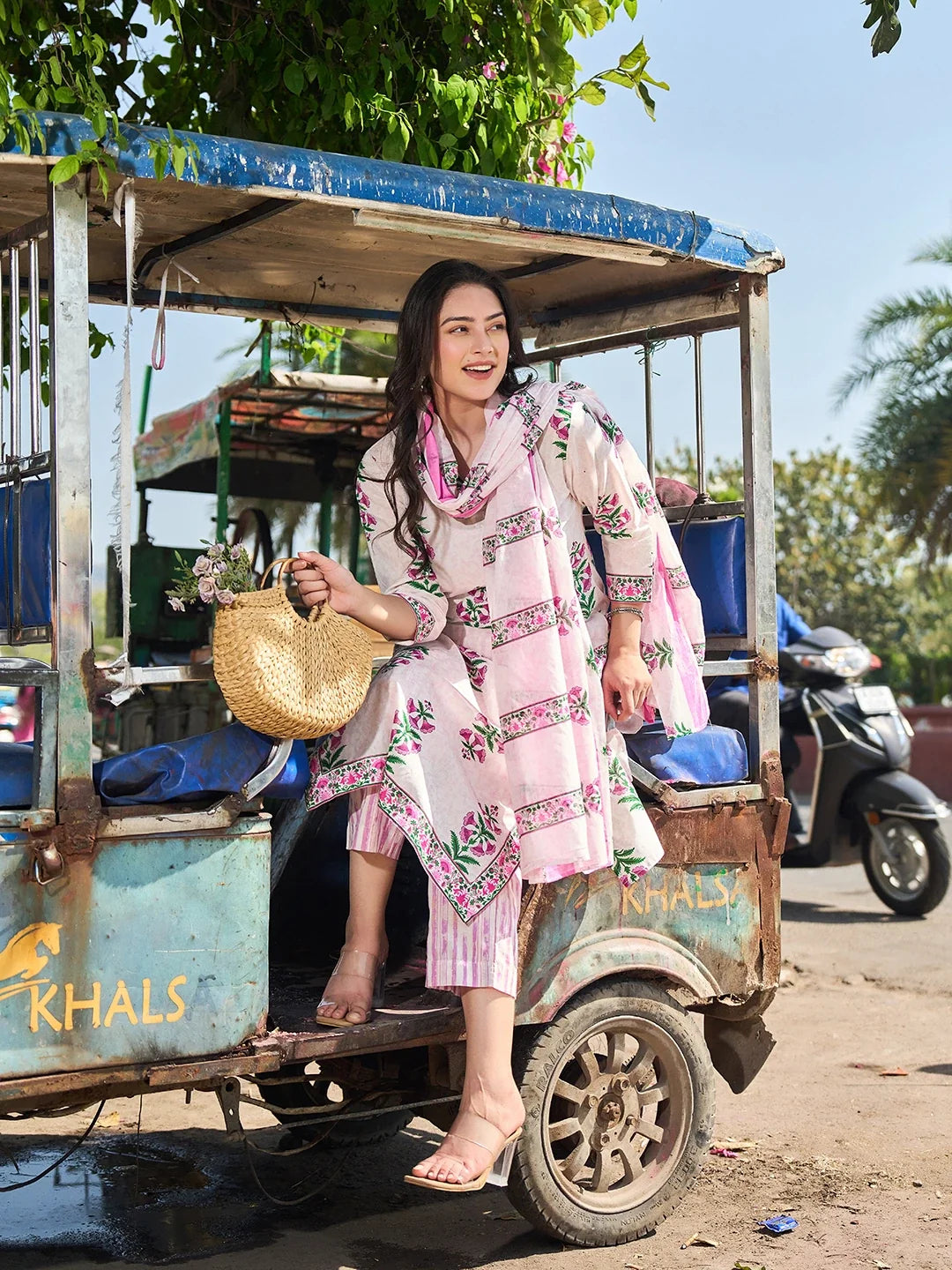 Pink Floral Straight Kurta Trouser Dupatta Set