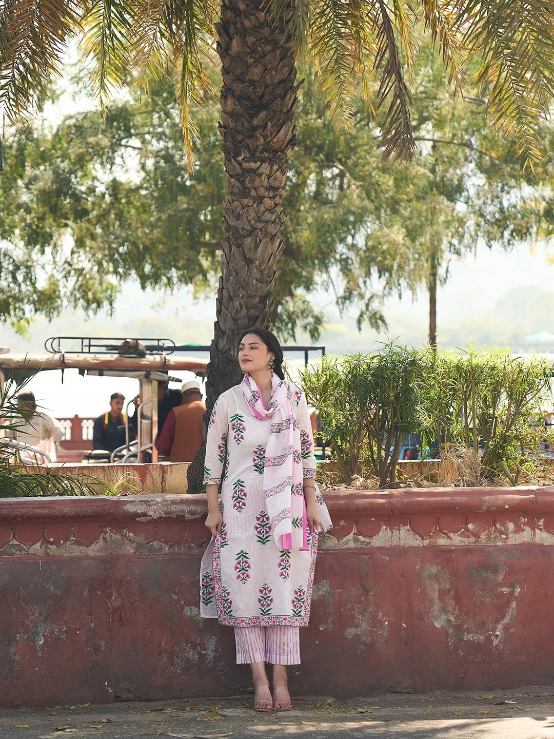 Pink Floral Straight Kurta Trouser Dupatta Set