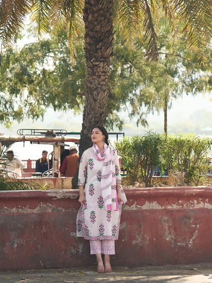 Pink Floral Straight Kurta Trouser Dupatta Set