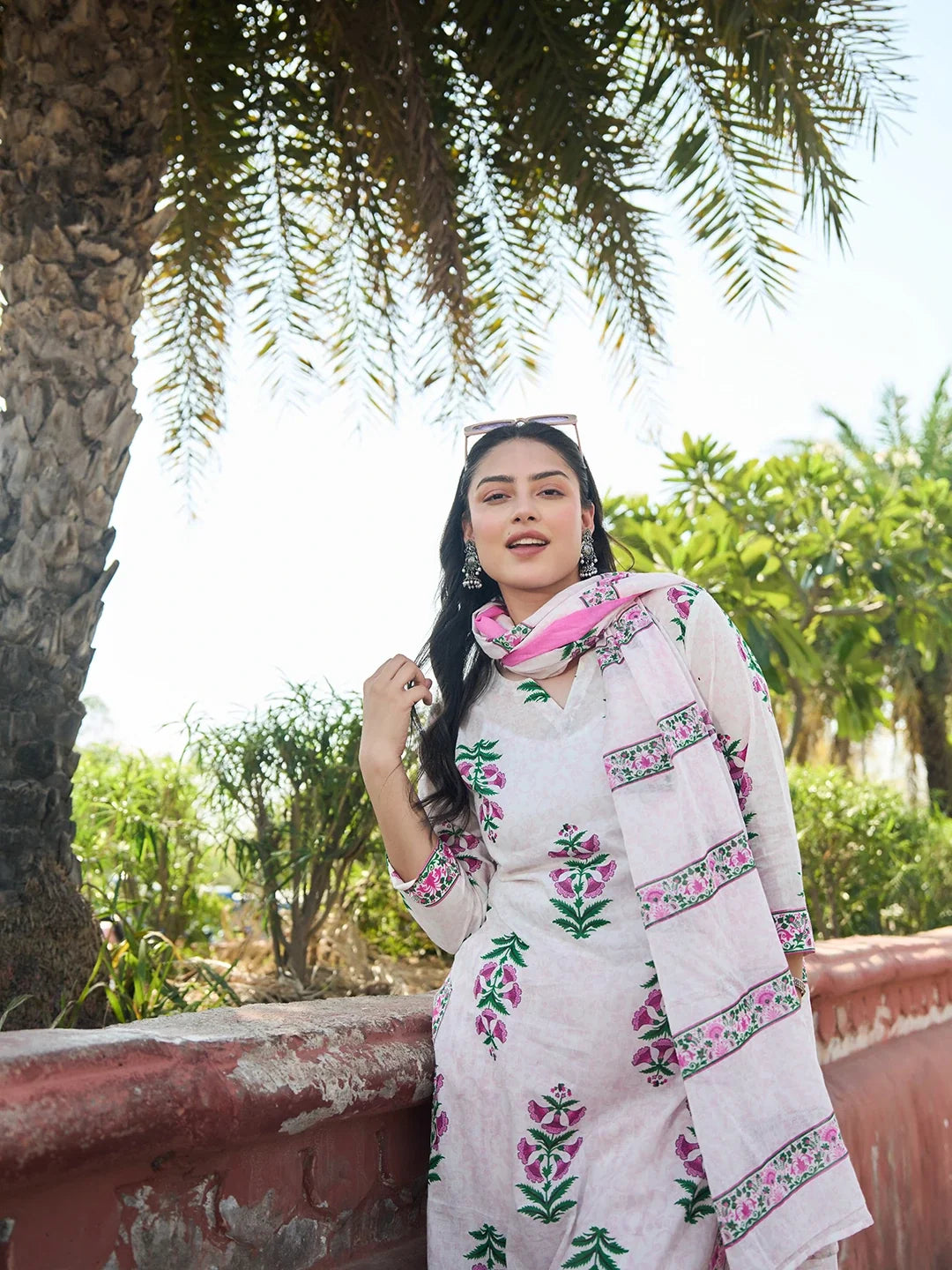 Pink Floral Straight Kurta Trouser Dupatta Set