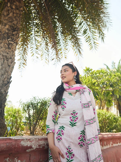 Pink Floral Straight Kurta Trouser Dupatta Set