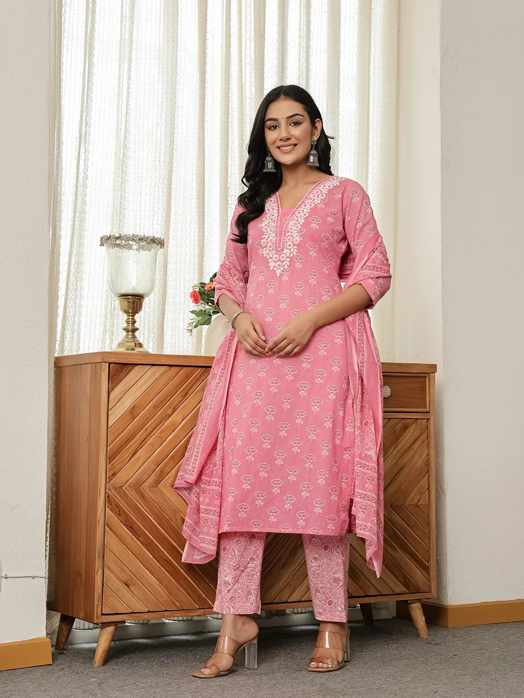 Pink Floral Thread Work Straight Kurta Trouser Dupatta Set