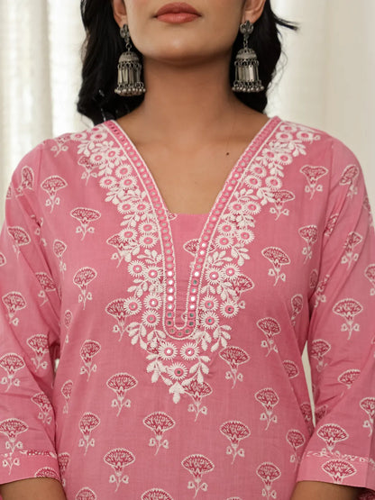 Pink Floral Thread Work Straight Kurta Trouser Dupatta Set