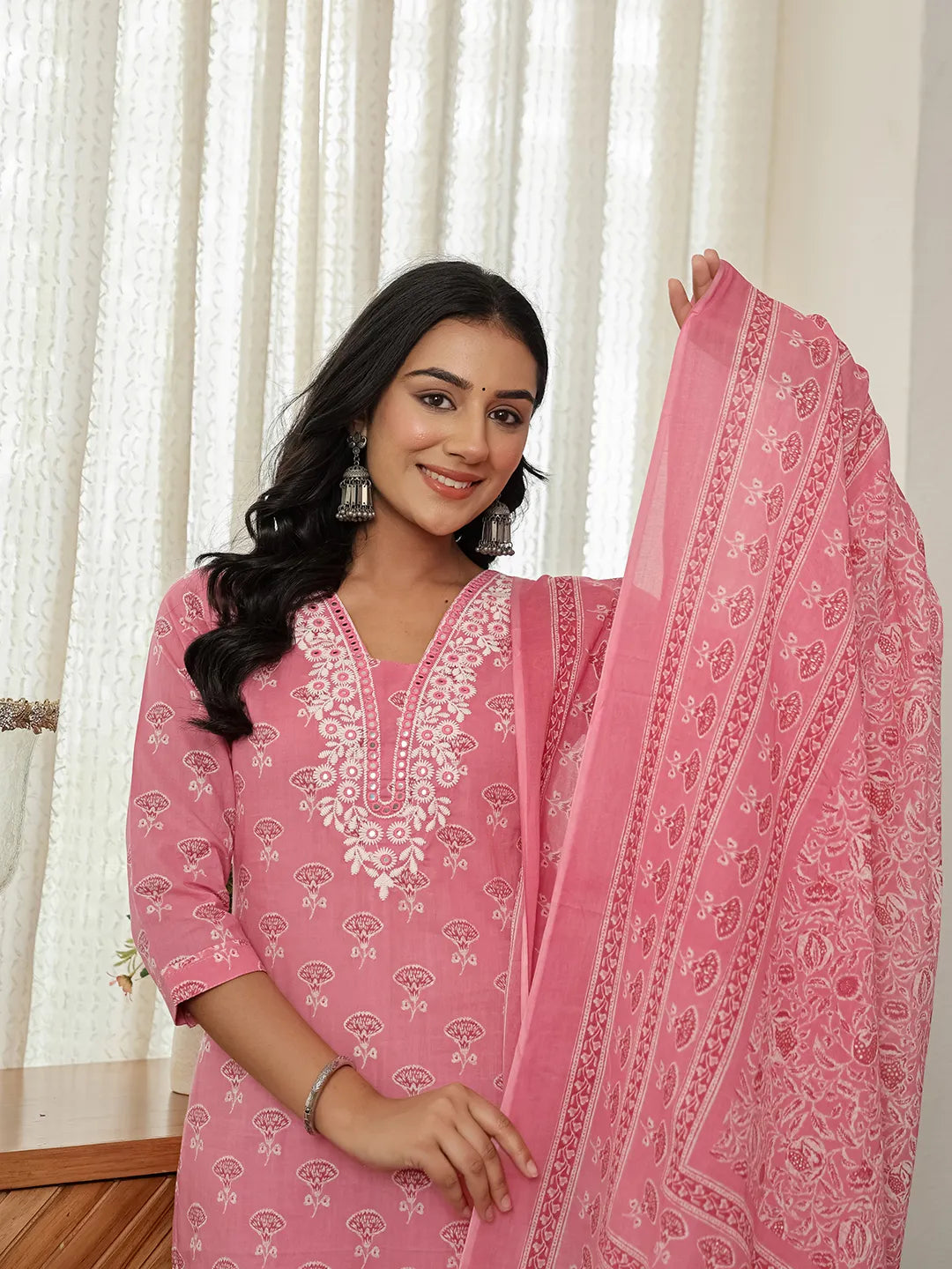 Pink Floral Thread Work Straight Kurta Trouser Dupatta Set