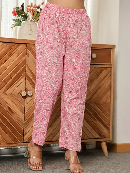 Pink Floral Thread Work Straight Kurta Trouser Dupatta Set