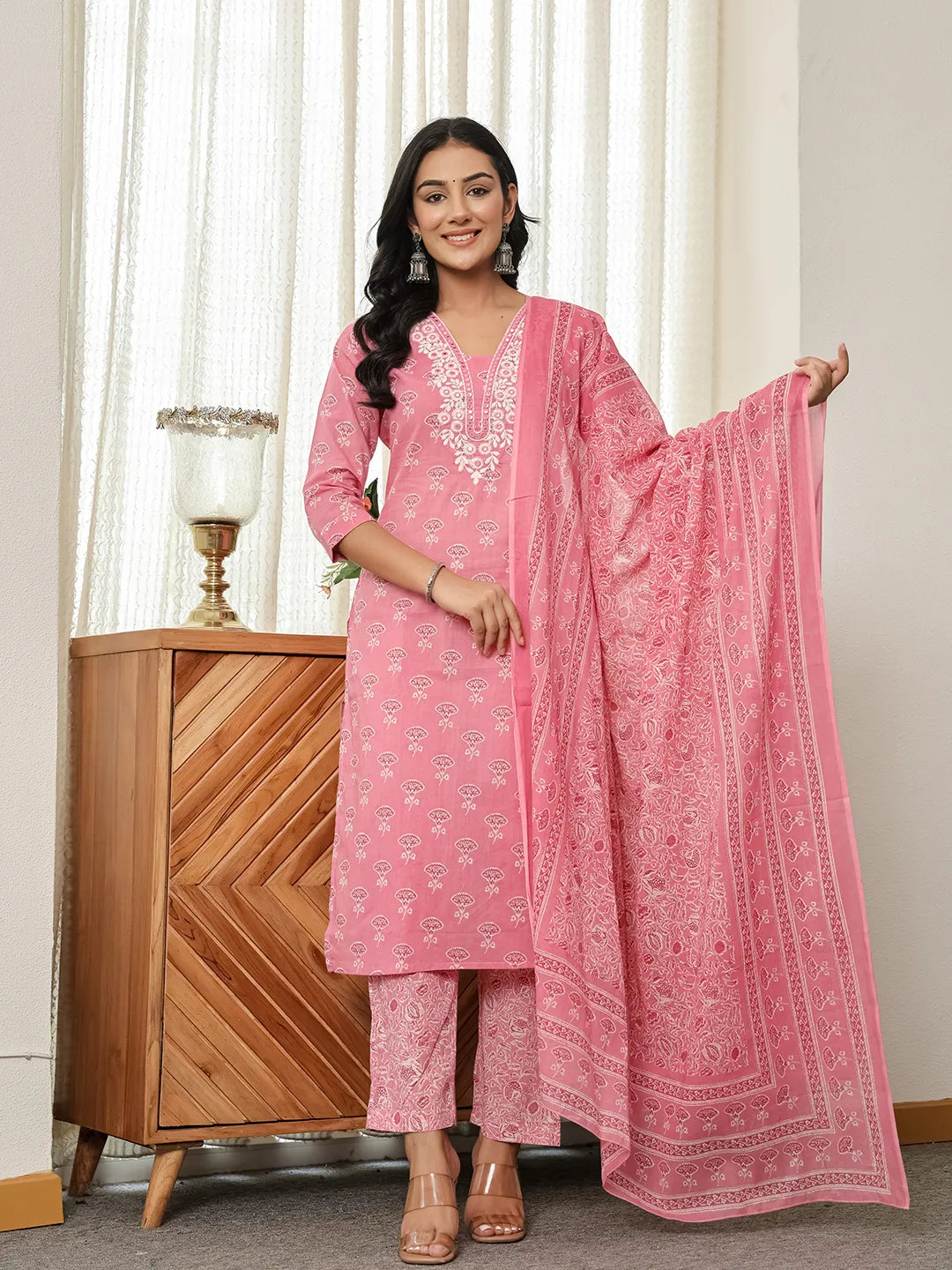 Pink Floral Thread Work Straight Kurta Trouser Dupatta Set