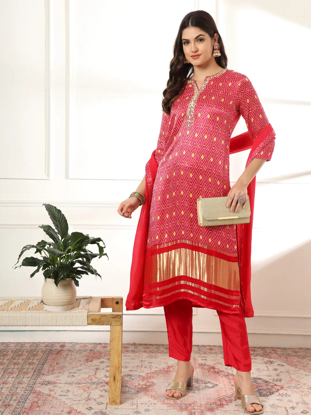 Pink Gajji Silk Zari Work Kurta With Trousers With Dupatta Set