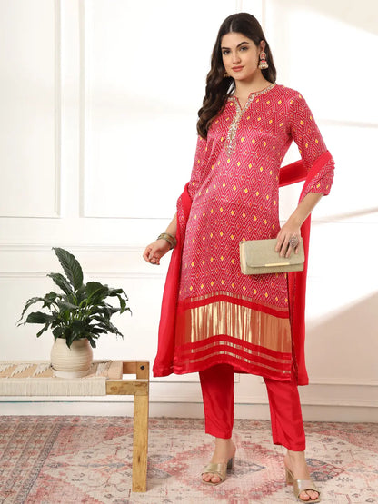 Pink Gajji Silk Zari Work Kurta With Trousers With Dupatta Set