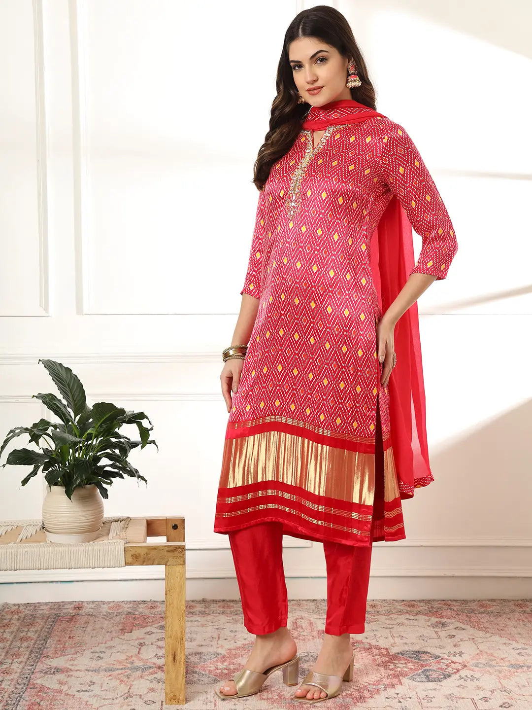 Pink Gajji Silk Zari Work Kurta With Trousers With Dupatta Set