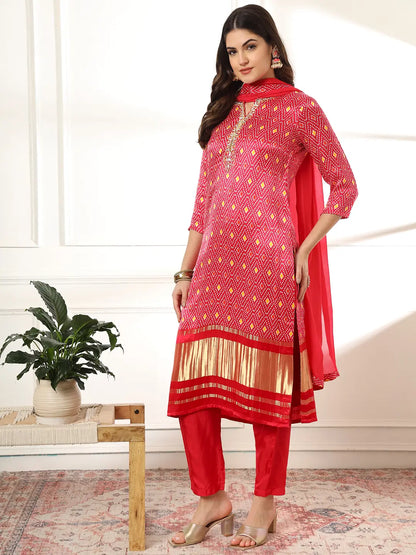 Pink Gajji Silk Zari Work Kurta With Trousers With Dupatta Set