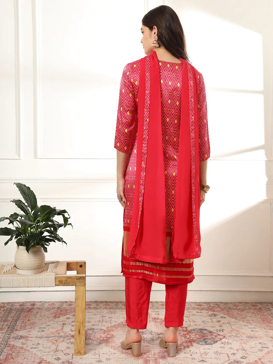 Pink Gajji Silk Zari Work Kurta With Trousers With Dupatta Set