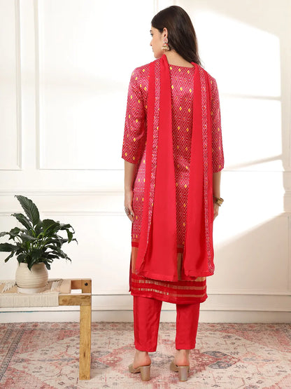 Pink Gajji Silk Zari Work Kurta With Trousers With Dupatta Set