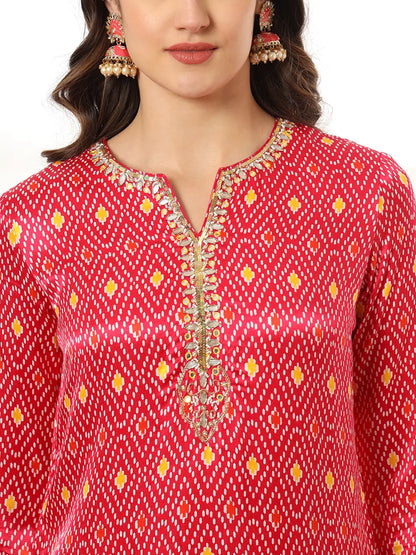 Pink Gajji Silk Zari Work Kurta With Trousers With Dupatta Set