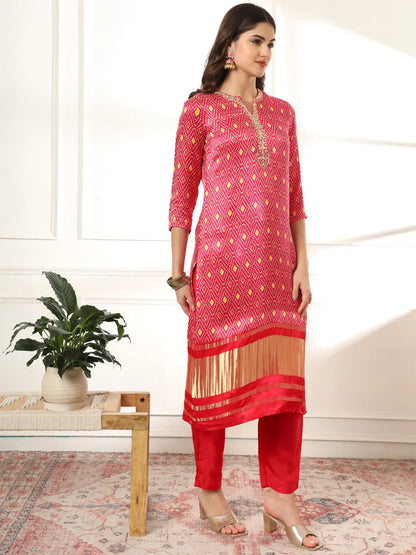 Pink Gajji Silk Zari Work Kurta With Trousers With Dupatta Set